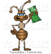 Vector Illustration of a Cartoon Ant Mascot Holding up a Green Banknote by Mascot Junction