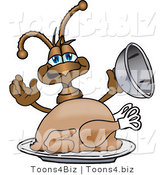 Vector Illustration of a Cartoon Ant Mascot Serving a Thanksgiving Turkey on a Platter by Mascot Junction