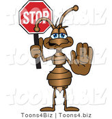 Vector Illustration of a Cartoon Ant Mascot with His Hand Out, Holding a Stop Sign by Toons4Biz