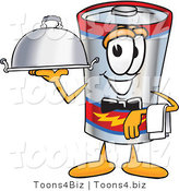Vector Illustration of a Cartoon Battery Mascot Dressed As a Waiter and Holding a Serving Platter by Toons4Biz
