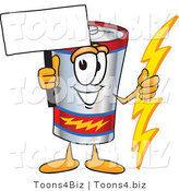 Vector Illustration of a Cartoon Battery Mascot Holding a Bolt of Energy and a Blank Sign by Mascot Junction