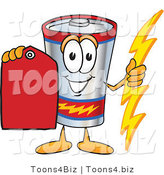 Vector Illustration of a Cartoon Battery Mascot Holding a Bolt of Energy and a Red Sales Price Tag by Toons4Biz