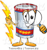 Vector Illustration of a Cartoon Battery Mascot Holding a Bolt of Energy and Looking Through a Magnifying Glass by Mascot Junction