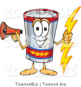 Vector Illustration of a Cartoon Battery Mascot Holding a Bolt of Energy and Megaphone by Toons4Biz
