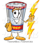 Vector Illustration of a Cartoon Battery Mascot Holding a Bolt of Energy and Pointing at the Viewer by Mascot Junction