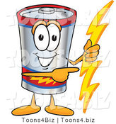 Vector Illustration of a Cartoon Battery Mascot Holding a Bolt of Energy and Pointing to the Right by Toons4Biz