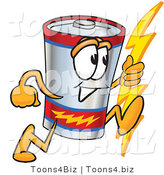 Vector Illustration of a Cartoon Battery Mascot Holding a Bolt of Energy and Running by Mascot Junction