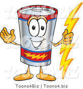 Vector Illustration of a Cartoon Battery Mascot Holding a Bolt of Energy and Welcoming by Mascot Junction
