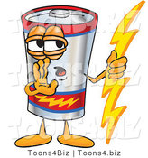 Vector Illustration of a Cartoon Battery Mascot Holding a Bolt of Energy and Whispering by Mascot Junction
