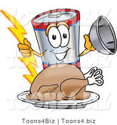 Vector Illustration of a Cartoon Battery Mascot Serving a Thanksgiving Turkey on a Platter by Toons4Biz
