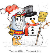 Vector Illustration of a Cartoon Battery Mascot Wearing a Santa Hat and Posing with a Snowman on Christmas by Toons4Biz