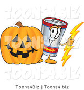 Vector Illustration of a Cartoon Battery Mascot with a Carved Halloween Pumpkin by Mascot Junction