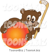 Vector Illustration of a Cartoon Bear Mascot Grabbing a Hockey Ball and Holding a Stick by Mascot Junction