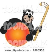 Vector Illustration of a Cartoon Black Bear School Mascot Grabbing a Ball and Holding a Hockey Stick by Toons4Biz
