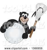 Vector Illustration of a Cartoon Black Bear School Mascot Grabbing a Ball and Holding a Lacrosse Stick by Mascot Junction
