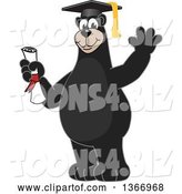 Vector Illustration of a Cartoon Black Bear School Mascot Graduate Holding a Diploma and Waving by Mascot Junction