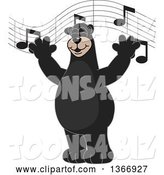 Vector Illustration of a Cartoon Black Bear School Mascot Singing Under Music Notes by Mascot Junction