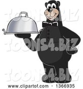 Vector Illustration of a Cartoon Black Bear School Mascot Waiter Holding a Cloche Platter by Toons4Biz