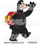 Vector Illustration of a Cartoon Black Bear School Mascot Wearing a Backpack, Walking and Waving by Mascot Junction