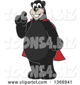 Vector Illustration of a Cartoon Black Bear School Mascot Wearing a Super Hero Cape, Holding up a Finger by Toons4Biz