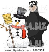 Vector Illustration of a Cartoon Black Bear School Mascot with a Christmas Snowman by Mascot Junction