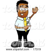 Vector Illustration of a Cartoon Black Business Man Mascot Waving and Pointing to the Right by Mascot Junction