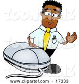 Vector Illustration of a Cartoon Black Business Man Mascot with a Computer Mouse by Toons4Biz