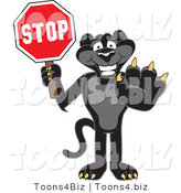 Vector Illustration of a Cartoon Black Jaguar Mascot Holding a Stop Sign by Mascot Junction