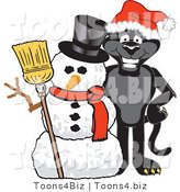 Vector Illustration of a Cartoon Black Jaguar Mascot with a Snowman by Mascot Junction