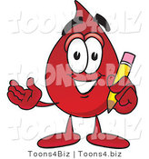 Vector Illustration of a Cartoon Blood Droplet Mascot Holding a Pencil by Mascot Junction