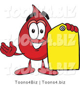 Vector Illustration of a Cartoon Blood Droplet Mascot Holding a Yellow Sales Price Tag by Mascot Junction