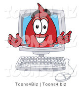 Vector Illustration of a Cartoon Blood Droplet Mascot Waving from Inside a Computer Screen by Mascot Junction
