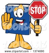 Vector Illustration of a Cartoon Blue Book Mascot Gesturing and Holding a Stop Sign by Mascot Junction