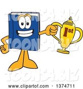 Vector Illustration of a Cartoon Blue Book Mascot Holding a First Place Trophy by Toons4Biz