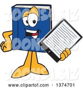 Vector Illustration of a Cartoon Blue Book Mascot Holding out an E Reader or Tablet Computer by Mascot Junction