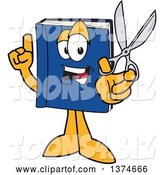 Vector Illustration of a Cartoon Blue Book Mascot Holding up a Finger and a Pair of Scissors by Toons4Biz