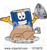 Vector Illustration of a Cartoon Blue Book Mascot Serving a Roasted Thanksgiving Turkey by Toons4Biz