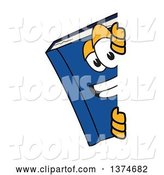 Vector Illustration of a Cartoon Blue Book Mascot Smiling Around a Sign by Mascot Junction