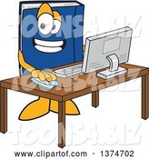 Vector Illustration of a Cartoon Blue Book Mascot Using a Desktop Computer by Mascot Junction