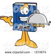 Vector Illustration of a Cartoon Blue Book Mascot Waiter Holding a Cloche Platter by Mascot Junction