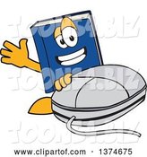 Vector Illustration of a Cartoon Blue Book Mascot Waving by a Computer Mouse by Toons4Biz