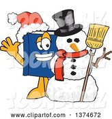Vector Illustration of a Cartoon Blue Book Mascot Wearing a Christmas Santa Hat and Waving by a Snowman by Mascot Junction