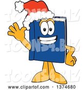 Vector Illustration of a Cartoon Blue Book Mascot Wearing a Christmas Santa Hat and Waving by Toons4Biz
