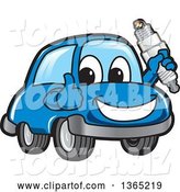 Vector Illustration of a Cartoon Blue Car Mascot Giving a Thumb up and Holding a Spark Plug by Mascot Junction