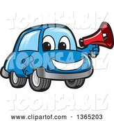 Vector Illustration of a Cartoon Blue Car Mascot Holding a Megaphone by Mascot Junction