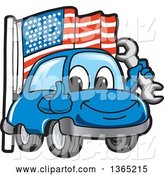 Vector Illustration of a Cartoon Blue Car Mascot Holding a Wrench and Giving a Thumb up by an American Flag by Mascot Junction