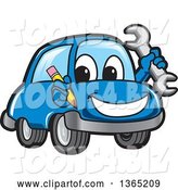 Vector Illustration of a Cartoon Blue Car Mascot Holding a Wrench and Pencil by Mascot Junction