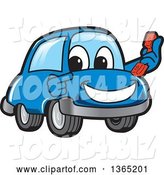 Vector Illustration of a Cartoon Blue Car Mascot Holding and Pointing to a Phone by Toons4Biz