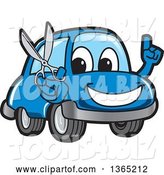 Vector Illustration of a Cartoon Blue Car Mascot Holding up a Finger and Scissors by Mascot Junction