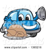 Vector Illustration of a Cartoon Blue Car Mascot Serving a Roasted Thanksgiving Turkey by Mascot Junction